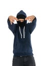 Thief with balaclava isolated on white background Royalty Free Stock Photo