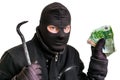 Thief in balaclava with stolen money isolated on white Royalty Free Stock Photo