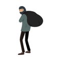 Thief in a black mask with a bag of loot. Vector illustration in flat cartoon style.