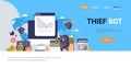 Thief bot robot hacker graph money bags world map background pirate attack artificial intelligence concept flat