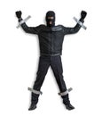 Thief or burglar masked with balaclava is caught and is taped to the wall with duct tape.