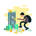 A thief, burglar or robber criminal cartoon character with his bag of swag and torch prowling in a house find a safe Royalty Free Stock Photo