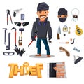 Thief character design with tools. logotype - vector