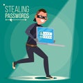 Thief Character Vector. Hacker Stealing Sensitive Data, Money From Laptop. Hacking PIN Code. Hacking Internet Social
