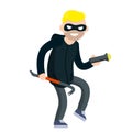 Thief with crowbar. Criminal problem. Man robber in black with mask. Male offender sneaks. Cartoon flat illustration