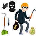 Thief with crowbar. Man offender sneaks. Royalty Free Stock Photo