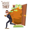 Thief And Door Vector. Bandit With Bag. Breaking Into House Through Door. Insurance Concept. Burglar, Robber In Mask Royalty Free Stock Photo