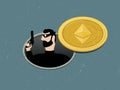 Thief with gun in water drain, hacker hacking Ethereum wallet system