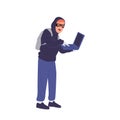 Thief hacker cartoon character wearing facemask and hoodie with computer laptop stealing user data Royalty Free Stock Photo