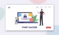 Thief Hacker Landing Page Template. Tiny Woman with Huge Pencil Writing Weak Password on Sticky Note Hang on Laptop