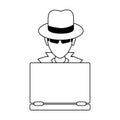 Thief hacker with laptop avatar in black and white