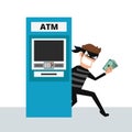 Thief. Hacker stealing money from ATM machine. Royalty Free Stock Photo