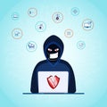 Thief. Hacker stealing sensitive data as passwords from a personal computer useful for anti phishing and internet viruses campaign