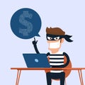 Thief. Hacker stealing sensitive data as passwords from a personal computer useful for anti phishing and internet viruses campaign Royalty Free Stock Photo