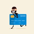 Thief. Hacker stealing sensitive data and money from credit card. Useful for anti phishing and internet viruses campaigns. Royalty Free Stock Photo