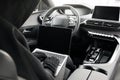 Thief hacking car system with laptop inside vehicle, closeup Royalty Free Stock Photo