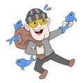 The thief is happy carrying a sack of fish in the sack, doodle icon image kawaii