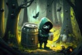 thief hiding in forest with loot of paint can characters