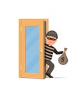 Thief in a mask holding a money bag and sneaks through the door. Cartoon burglar in flat style.