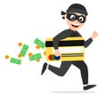 A thief in a mask runs and smiles with a credit card and dollars. The character