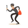 Thief in a mask sneaking with a crowbar and a sack, robbery colorful character vector Illustration Royalty Free Stock Photo