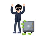 Thief raised hands. Detention of criminals. Man in black robber mask.