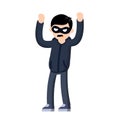 Thief raised hands. Man in black robber mask.