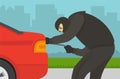 A thief with a robbery mask trying to open the car trunk. Flat vector illustration.