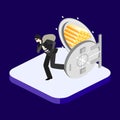 Thief running out of a bank vaul. Isometric concept Royalty Free Stock Photo