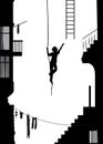 The thief runs away with ladder, stuntmen silhouette in the city, black and white memories,