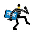 Thief stole login and password. burglar stole Information. robber carries PC. Abduction personal data