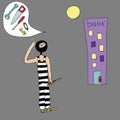 Thief is a swindler in striped clothes. A thief with a flashlight and keys wants to rob a bank. Vector. Royalty Free Stock Photo