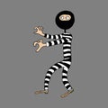 The thief is a swindler in striped clothes. A thief wants to rob a bank. Vector. Doodles. Funny character in cartoon