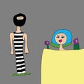 The thief is a swindler in striped clothes. A thief wants to rob a store. Vector.