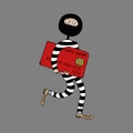 The thief is a swindler in striped clothes. A thief wants to steal money from a bank card. Bank card fraud. Vector.