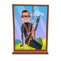 Thief And Window Vector. Breaking Into House Through Window. Insurance Concept. Burglar, Robber In Mask, Thief, Robbery