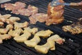 wings and chicken breasts cooked in a giant barbecue in the garden