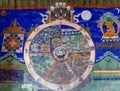 Yamantaka dharmapala wrathful deity colorful wall painting, with bhavacakra and six realms of SaÃ¡Â¹Æsara in Buddhist cosmology Royalty Free Stock Photo