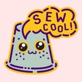 Thimble icon, cute kawaii flat design style, dressmaker badge sign, sew cool lettering, cartoon character