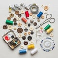 A thimble, pins with colorful heads, a needle tin with buttons, Royalty Free Stock Photo