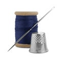 Thimble and spool of blue sewing thread with needle isolated on white Royalty Free Stock Photo