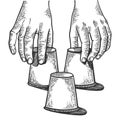 Thimblerigger hands engraving vector illustration Royalty Free Stock Photo