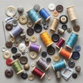 Thimbles and two pieces of blue checkered fabric add to the sewing Royalty Free Stock Photo