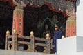 THIMPHU, BHUTAN - DEC 3, 2017: Royal honour guard on duty in front of the Tashichho Dzong Royalty Free Stock Photo