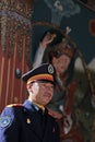 THIMPHU, BHUTAN - DEC 3, 2017: Royal honour guard on duty in front of the Tashichho Dzong