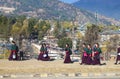 Thimphu, Bhutan - 29 February 2016: Young Bhutanese girls in uniform traditional women dress named kira, wonju long-sleeved
