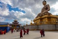 Thimphu, Bhutan - October 25, 2021: Buddha Dordenma statue on the hills around Thimphu. Gigantic golden Shakyamuni Buddha statue