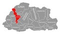 Thimphu red highlighted in map of Bhutan