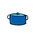 Thin black outline blue saucepan isolated on a white background. Hand drawn vector. Modern scribble for kids, logo, sticker, clipa Royalty Free Stock Photo