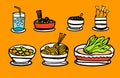 Thin black outline fast food icons set isolated on orange background.